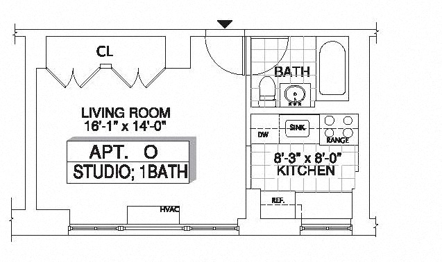 Floor plan for studio, 1 bath, 413 sqft